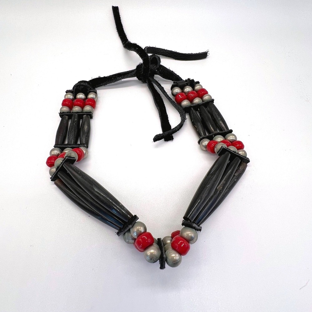 Lakota Inspired 3 Band Choker Leather Bone Bead Black Red‎ Vintage